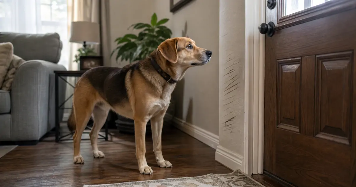 Anxious dog standing by a front door waiting for its owner to return home