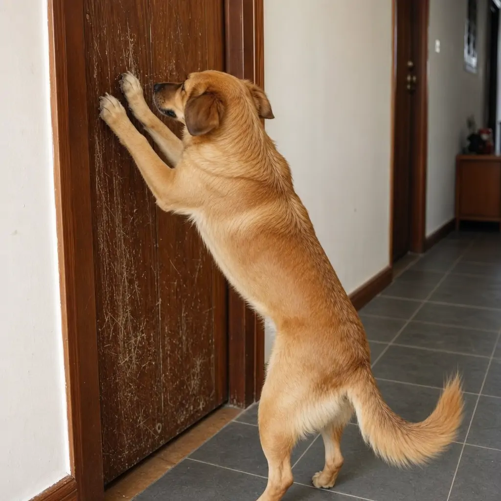 Dog scratching frantically at a bedroom door trying to escape while home alone