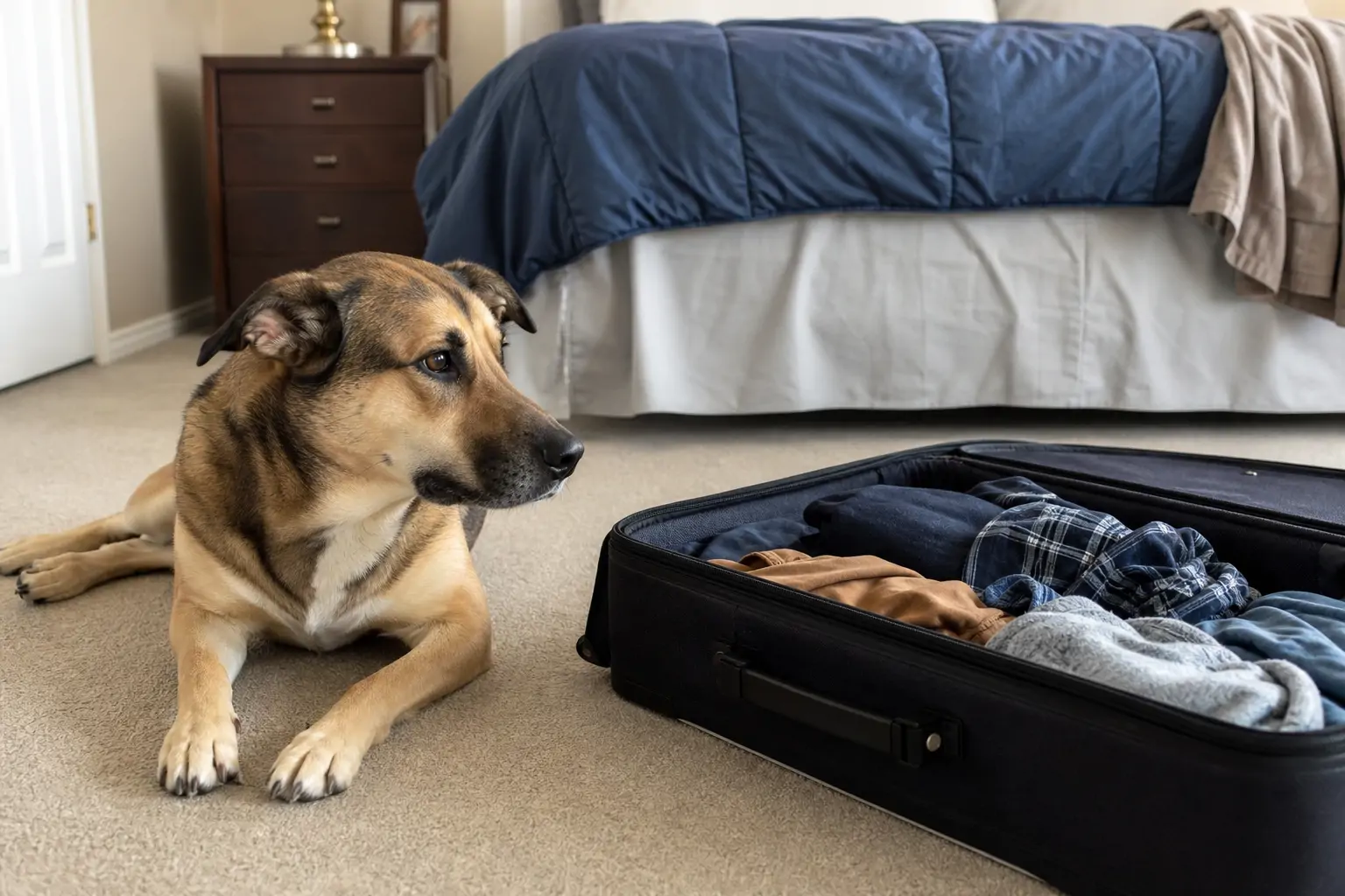 Dog lying near a suitcase looking worried as its owner packs for a trip