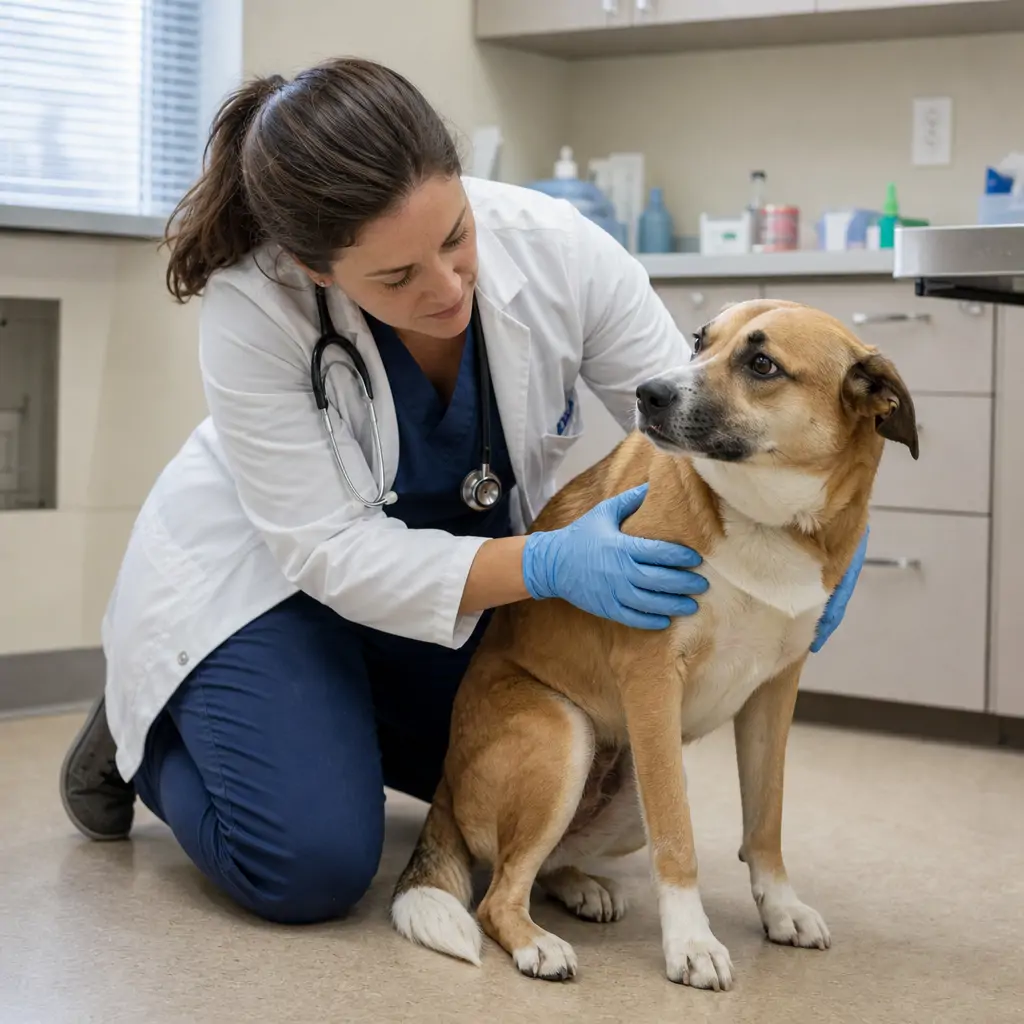 Veterinarian gently examining a nervous dog during a behavioral consultation