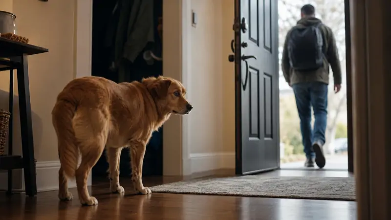 A dog watching its owner leave through a window, showing early signs of separation anxiety