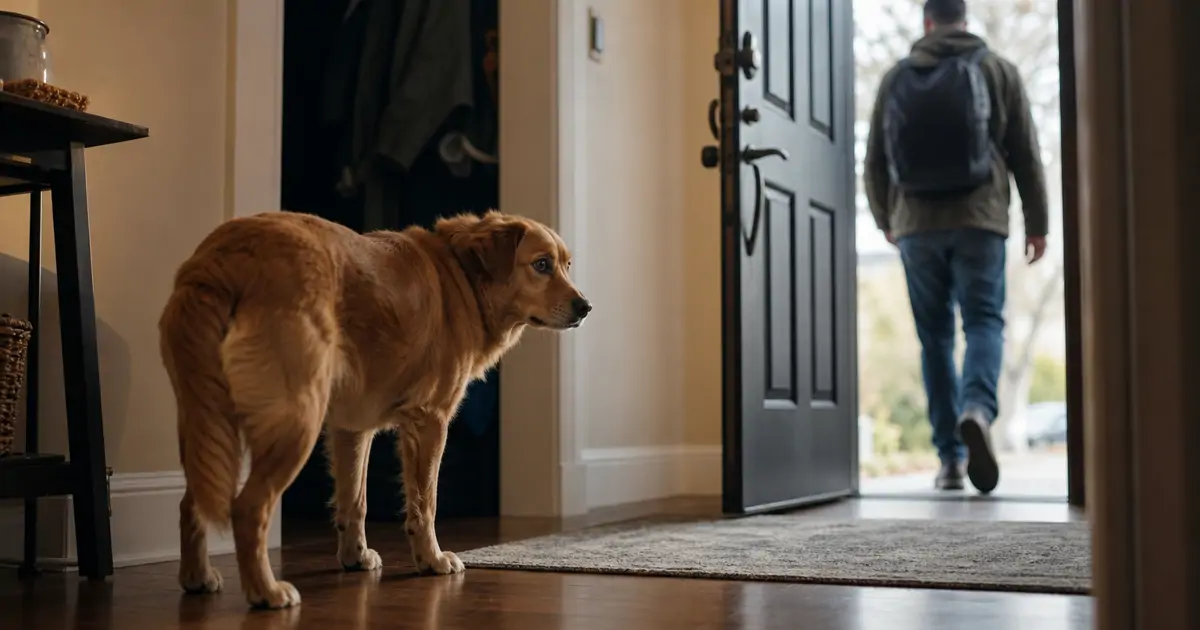 A dog watching its owner leave through a window, showing early signs of separation anxiety