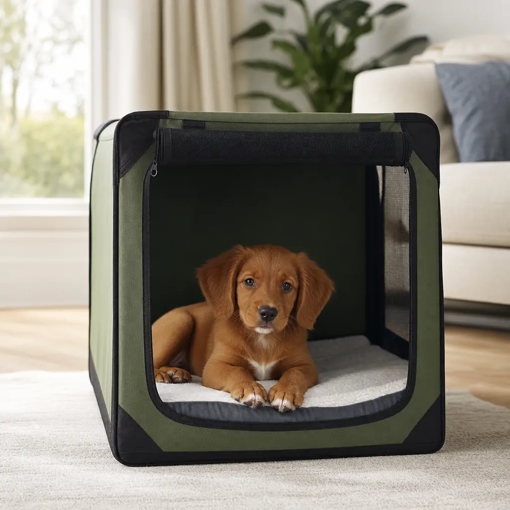 A puppy calmly resting alone in a cozy crate as part of early prevention training