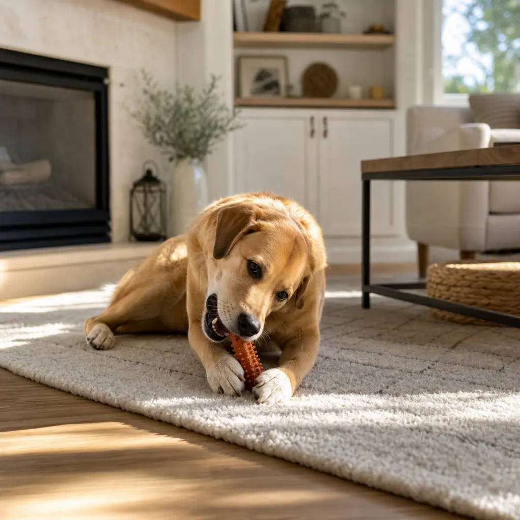 A dog independently entertaining itself with a toy while home alone during the day