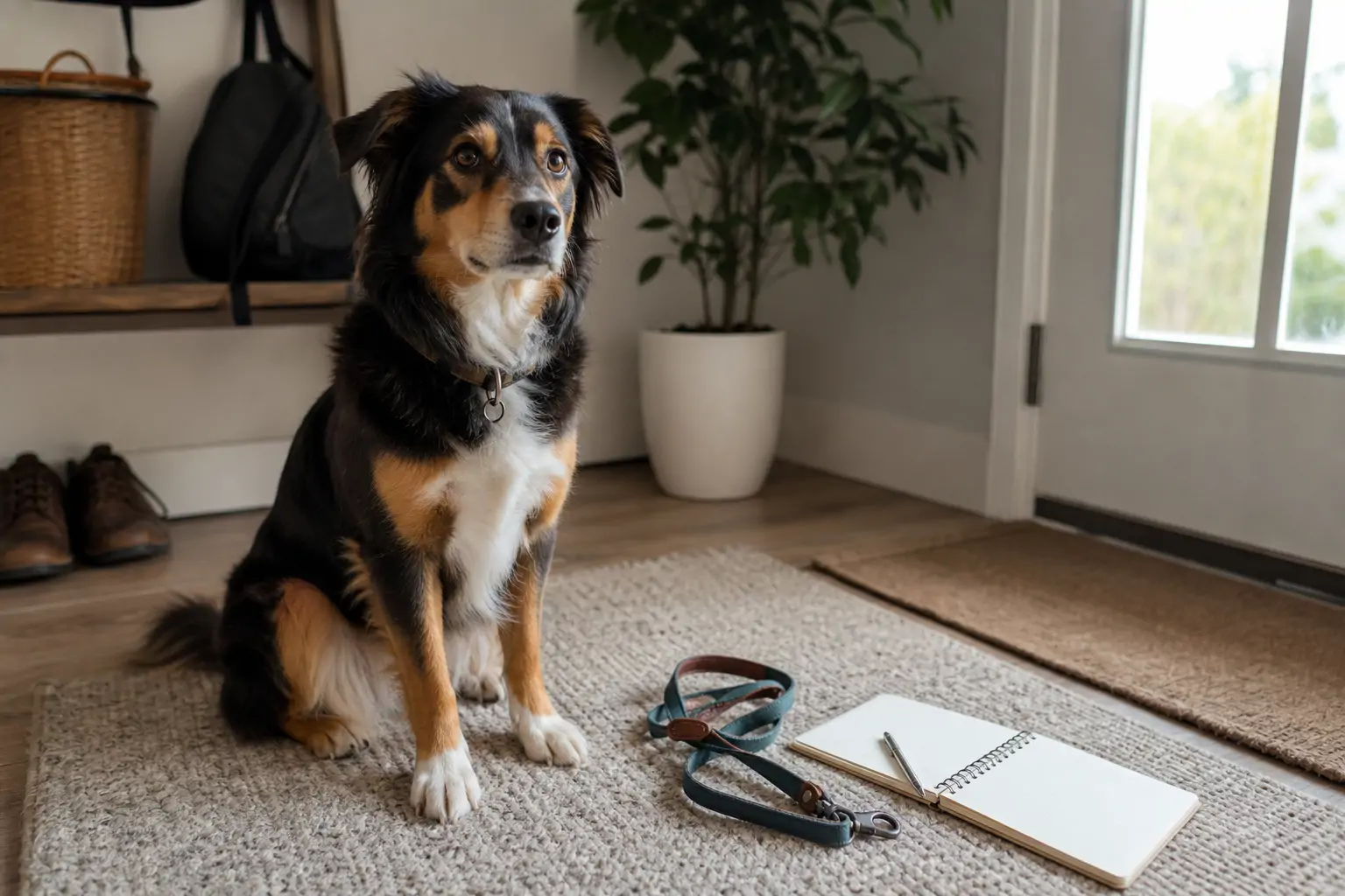 A dog trainer's notes and a leash laid out beside a calm dog during a training session
